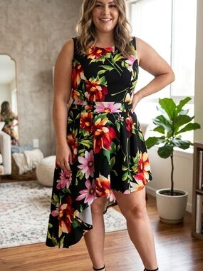 Floral Impulsive Asymmetrical Dress - Size 1X